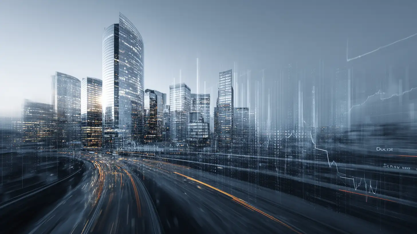 Vista di una città moderna con grafici finanziari in dissolvenza