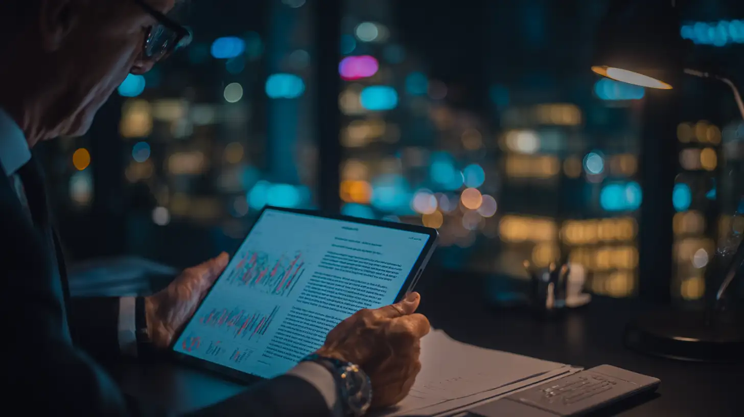 Consulente analizza grafici finanziari da un tablet in un ufficio