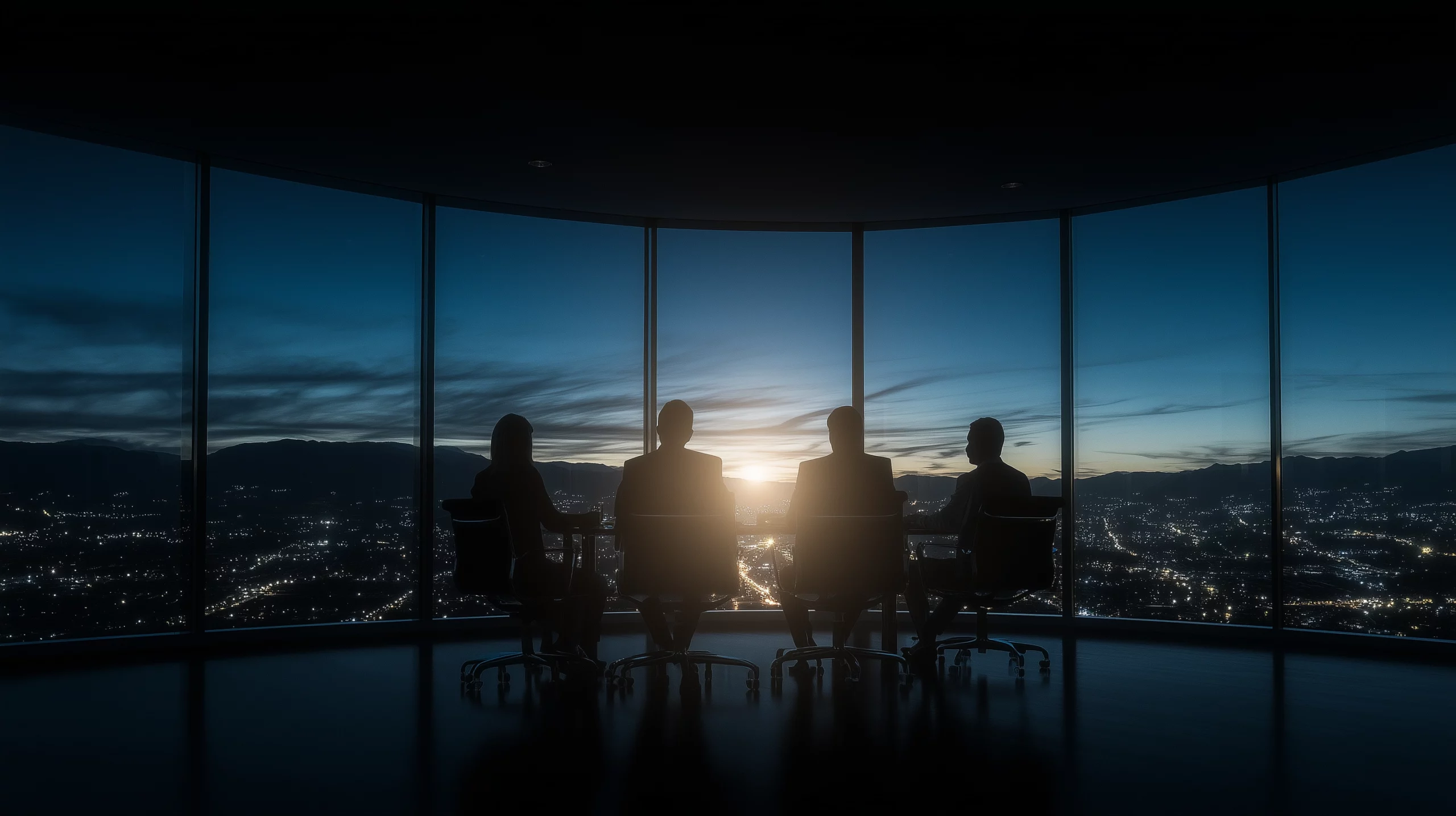 Gruppo di quattro consulenti seduti intorno ad un tavolo, girati di schiena, con una vetrata davanti da cui si vede una città illuminata la sera.