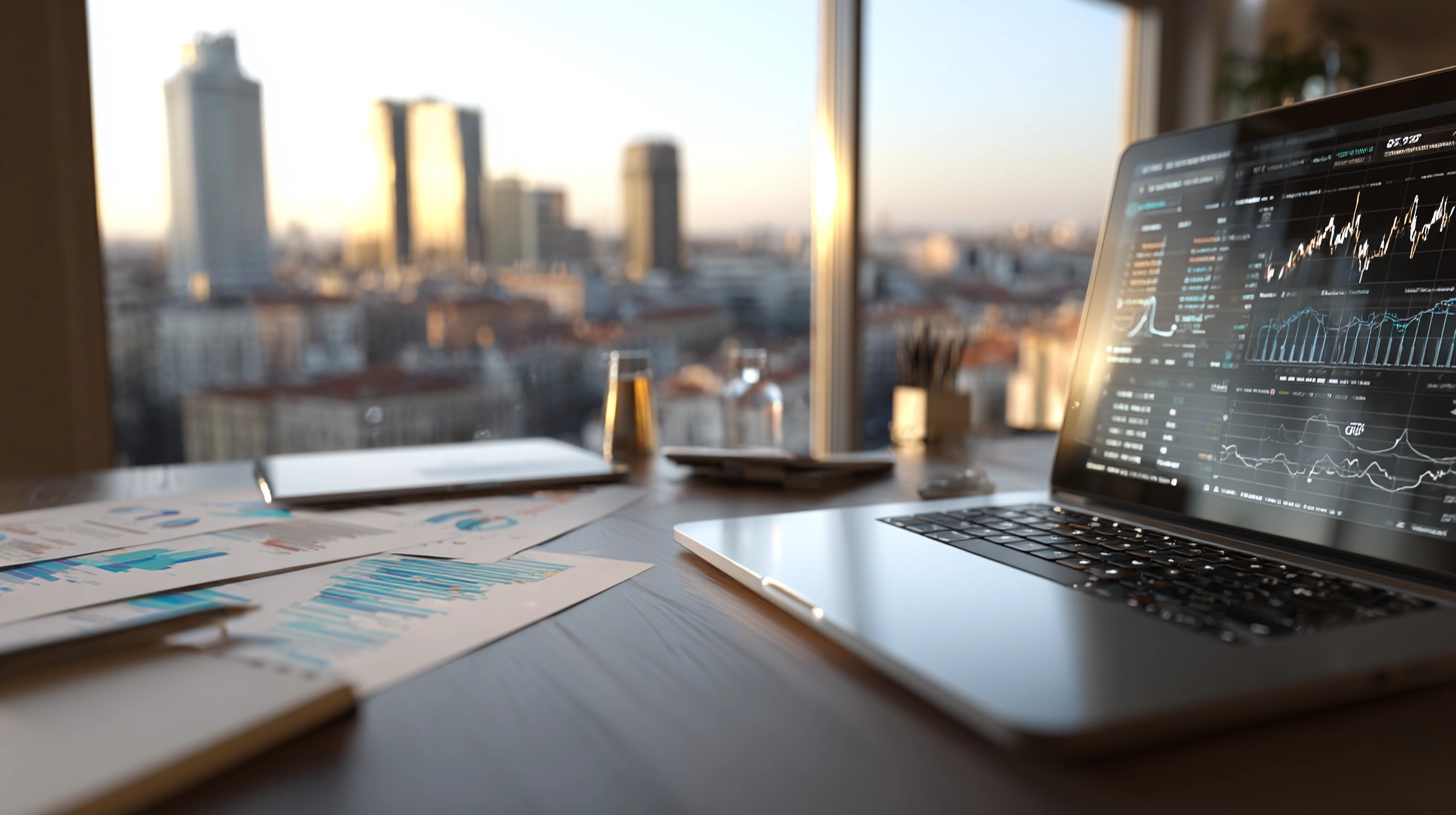Scrivania di un ufficio con sopra un computer aperto che mostra dei grafici finanziari, penne e vari fogli con schemi e grafici distribuiti sul tavolo. Nello sfondo vista di una città di giorno