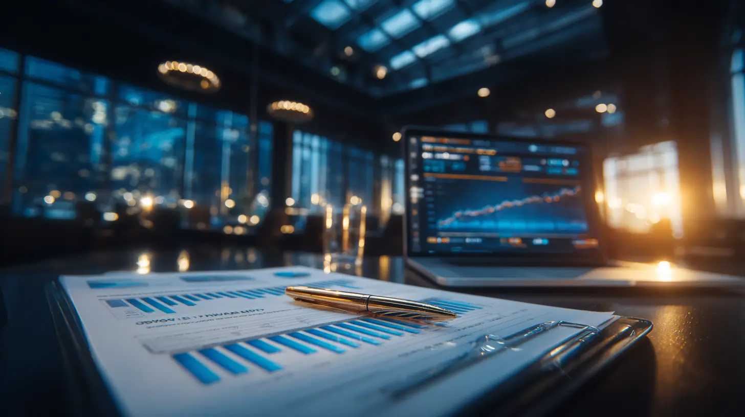 Scrivania di un ufficio con documenti e computer con grafici finanziari