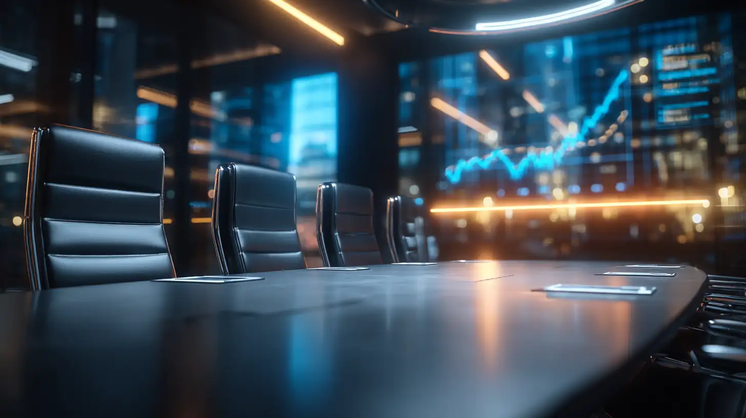 Sala riunioni elegante con dietro uno schermo che mostra grafici di consulenza finanziaria